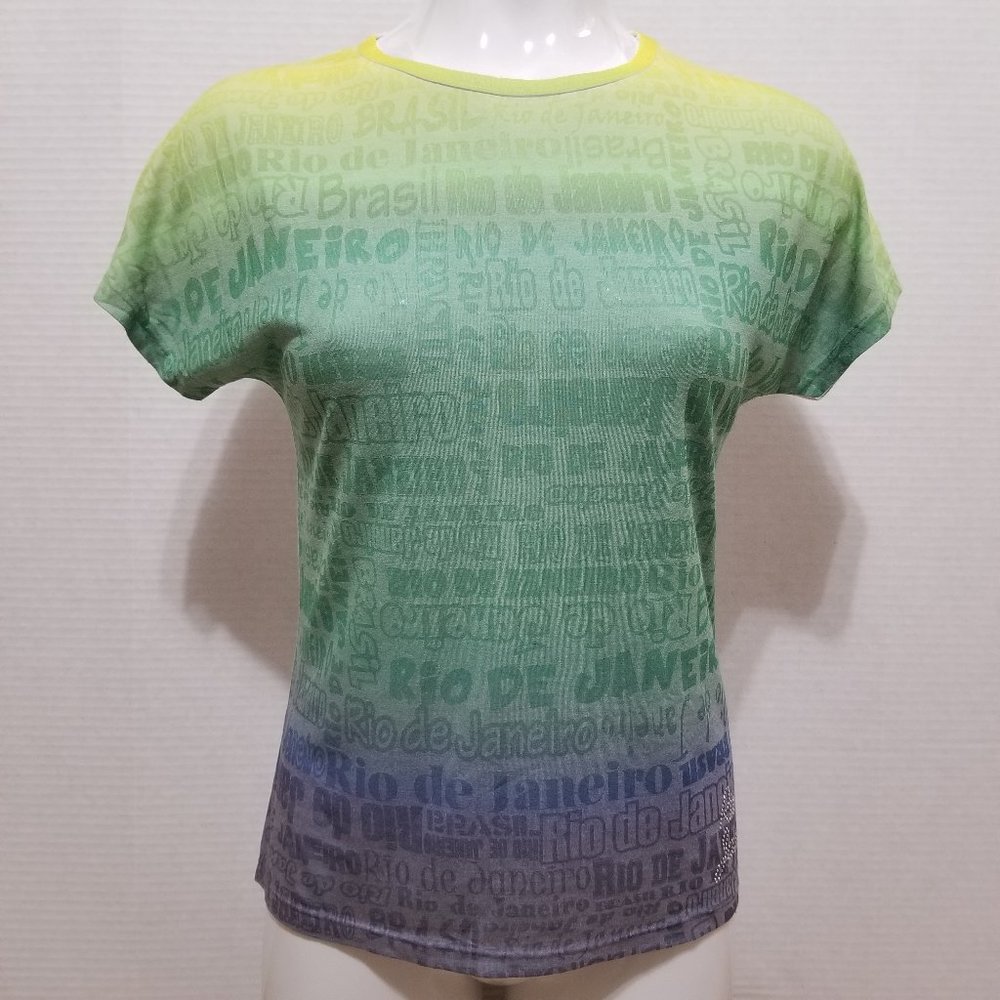 Zontrip shirt Small Rio De Janeiro Brasil ombre print destination rhinestone